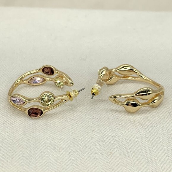 R J RJ Graziano Hoop Earrings Crystal Inside Out Glow On Gold Tone Warm Color - Picture 6 of 8